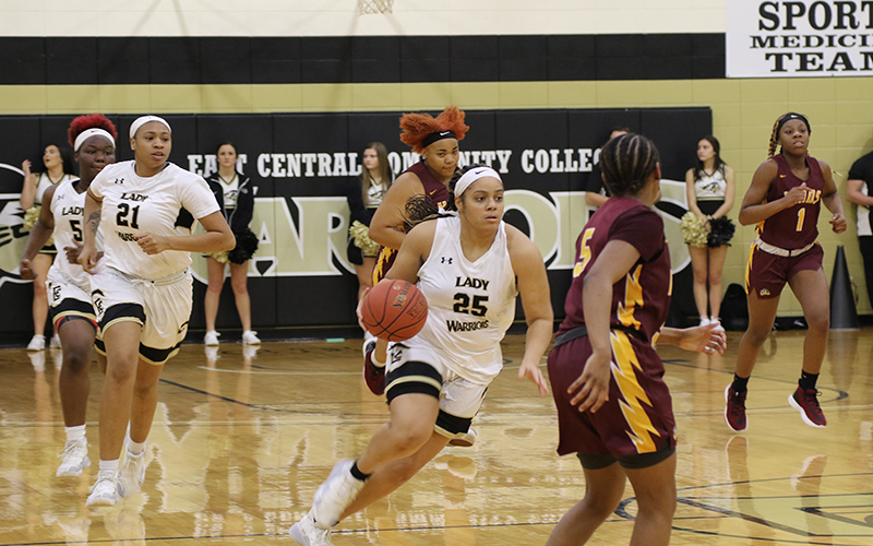 East Central freshman forward Wynter Taylor pushes the ball up the court against Hinds. (EC Photo)